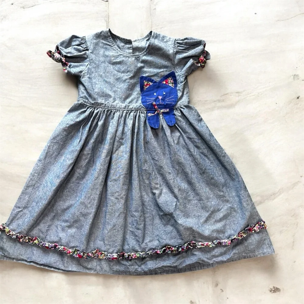 Handmade Girls Denim Blue Cat Dress Size 5/6 Floral Bow Puff Sleeves